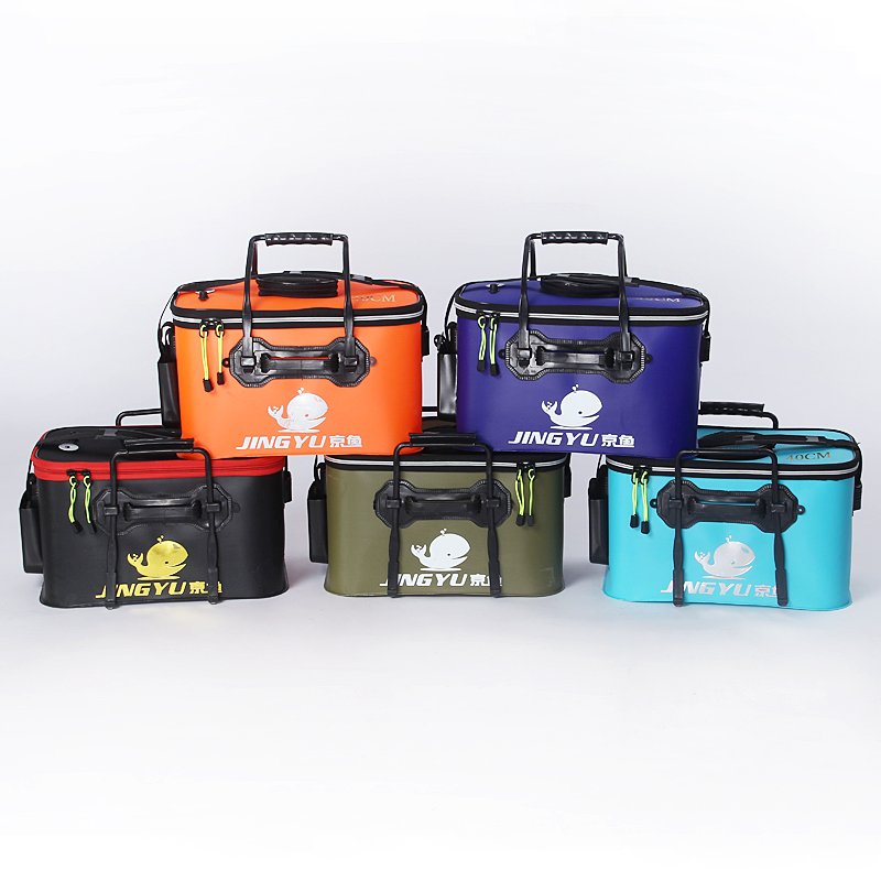 live-fish drums, buckets of eva, folding boxes, and a bag of buckets of fish for fishing gear